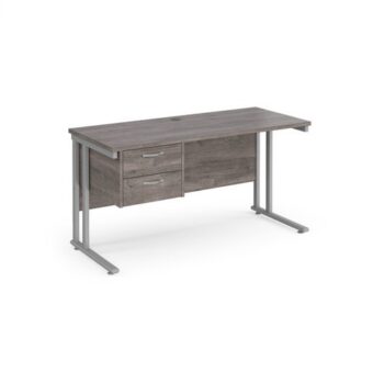 Maestro 25 straight desk 1400mm x 600mm with 2 drawer pedestal silver cantilever leg frame leg grey oak top - MC614P2SGO