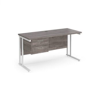 Maestro 25 straight desk 1400mm x 600mm with 2 drawer pedestal white cantilever leg frame leg grey oak top - MC614P2WHGO