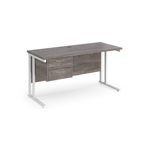Maestro 25 straight desk 1400mm x 600mm with 2 drawer pedestal white cantilever leg frame leg grey oak top - MC614P2WHGO