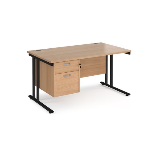 Maestro 25 straight desk 1400mm x 800mm with 2 drawer pedestal black cantilever leg frame beech top - MC14P2KB