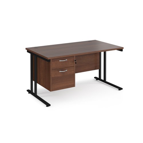 Maestro 25 straight desk 1400mm x 800mm with 2 drawer pedestal black cantilever leg frame walnut top - MC14P2KW