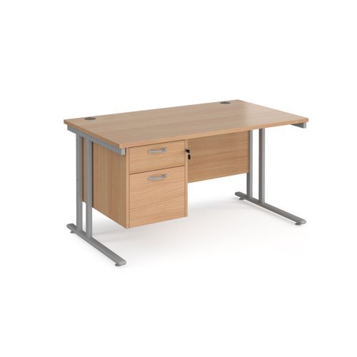 Maestro 25 straight desk 1400mm x 800mm with 2 drawer pedestal silver cantilever leg frame beech top - MC14P2SB