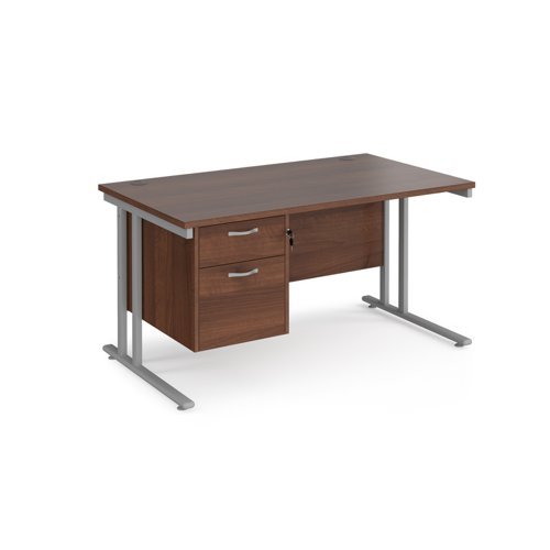 Maestro 25 straight desk 1400mm x 800mm with 2 drawer pedestal silver cantilever leg frame walnut top - MC14P2SW