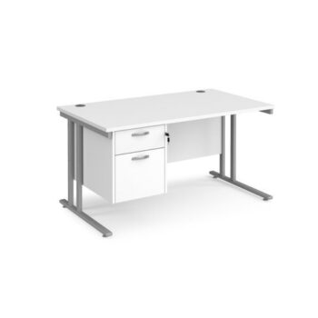 Maestro 25 straight desk 1400mm x 800mm with 2 drawer pedestal silver cantilever leg frame white top - MC14P2SWH