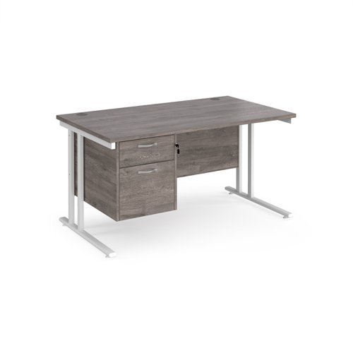 Maestro 25 straight desk 1400mm x 800mm with 2 drawer pedestal white cantilever leg frame grey oak top - MC14P2WHGO