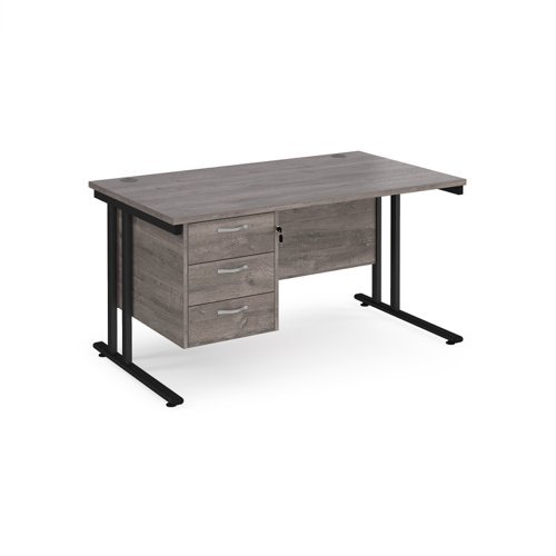 Maestro 25 straight desk 1400mm x 800mm with 3 drawer pedestal black cantilever leg frame grey oak top - MC14P3KGO
