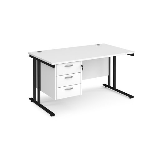 Maestro 25 straight desk 1400mm x 800mm with 3 drawer pedestal black cantilever leg frame white top - MC14P3KWH