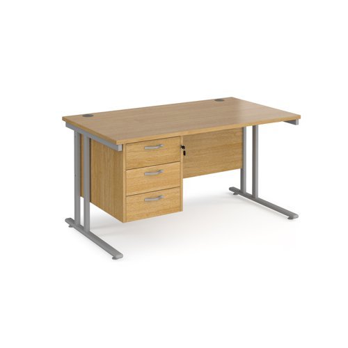 Maestro 25 straight desk 1400mm x 800mm with 3 drawer pedestal silver cantilever leg frame oak top - MC14P3SO