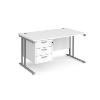Maestro 25 straight desk 1400mm x 800mm with 3 drawer pedestal silver cantilever leg frame white top - MC14P3SWH