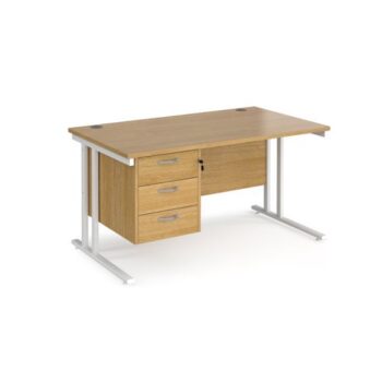 Maestro 25 straight desk 1400mm x 800mm with 3 drawer pedestal white cantilever leg frame oak top - MC14P3WHO