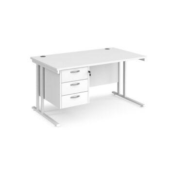 Maestro 25 straight desk 1400mm x 800mm with 3 drawer pedestal white cantilever leg frame white top - MC14P3WHWH