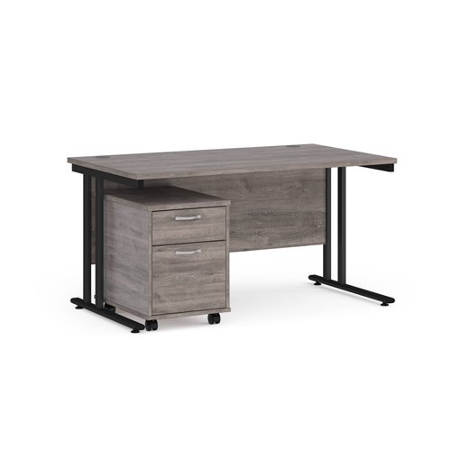 Maestro 25 straight desk 1400mm x 800mm with black cantilever frame and 2 drawer pedestal grey oak - SBK214GO