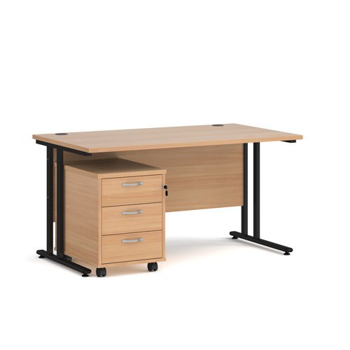 Maestro 25 straight desk 1400mm x 800mm with black cantilever frame and 3 drawer pedestal beech - SBK314B