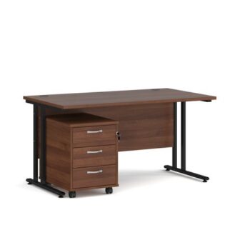 Maestro 25 straight desk 1400mm x 800mm with black cantilever frame and 3 drawer pedestal walnut - SBK314W