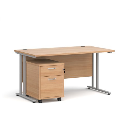 Maestro 25 straight desk 1400mm x 800mm with silver cantilever frame and 2 drawer pedestal beech - SBS214B