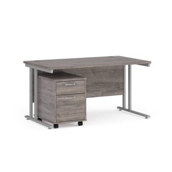 Maestro 25 straight desk 1400mm x 800mm with silver cantilever frame and 2 drawer pedestal grey oak - SBS214GO
