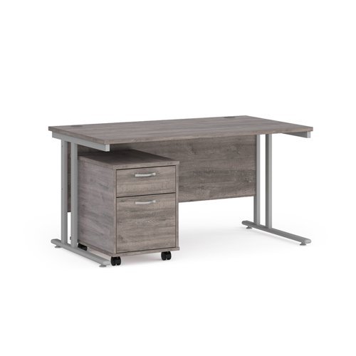 Maestro 25 straight desk 1400mm x 800mm with silver cantilever frame and 2 drawer pedestal grey oak - SBS214GO