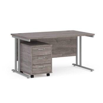 Maestro 25 straight desk 1400mm x 800mm with silver cantilever frame and 3 drawer pedestal grey oak - SBS314GO