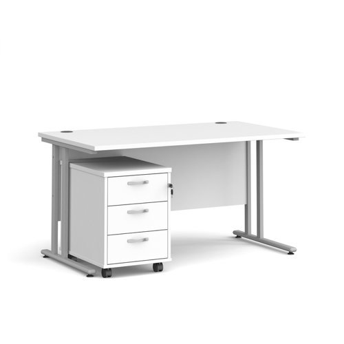 Maestro 25 straight desk 1400mm x 800mm with silver cantilever frame and 3 drawer pedestal white - SBS314WH