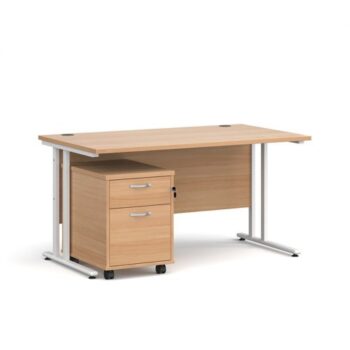 Maestro 25 straight desk 1400mm x 800mm with white cantilever frame and 2 drawer pedestal beech - SBWH214B