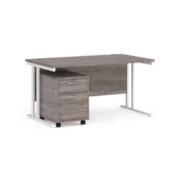Maestro 25 straight desk 1400mm x 800mm with white cantilever frame and 2 drawer pedestal grey oak - SBWH214GO