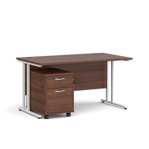 Maestro 25 straight desk 1400mm x 800mm with white cantilever frame and 2 drawer pedestal walnut - SBWH214W