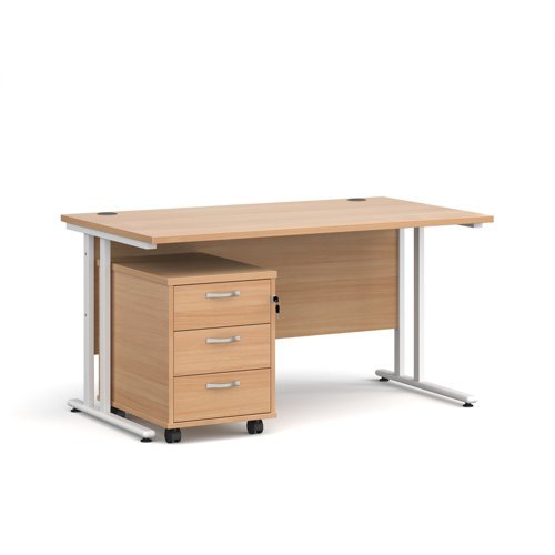 Maestro 25 straight desk 1400mm x 800mm with white cantilever frame and 3 drawer pedestal beech - SBWH314B