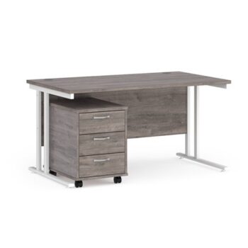 Maestro 25 straight desk 1400mm x 800mm with white cantilever frame and 3 drawer pedestal grey oak - SBWH314GO