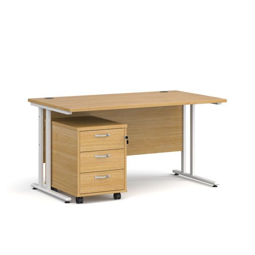 Maestro 25 straight desk 1400mm x 800mm with white cantilever frame and 3 drawer pedestal oak - SBWH314O