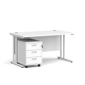 Maestro 25 straight desk 1400mm x 800mm with white cantilever frame and 3 drawer pedestal white - SBWH314WH