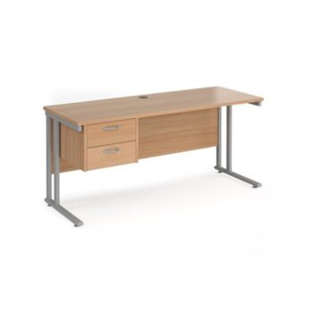Maestro 25 straight desk 1600mm x 600mm with 2 drawer pedestal silver cantilever leg frame beech top - MC616P2SB