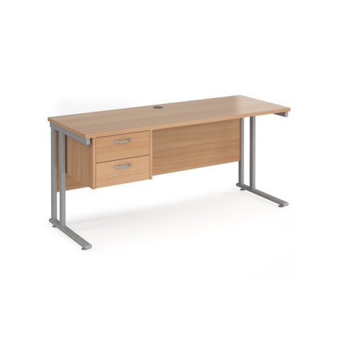 Maestro 25 straight desk 1600mm x 600mm with 2 drawer pedestal silver cantilever leg frame beech top - MC616P2SB