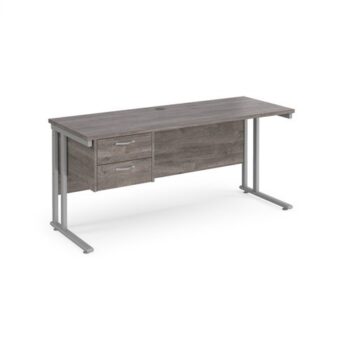 Maestro 25 straight desk 1600mm x 600mm with 2 drawer pedestal silver cantilever leg frame leg grey oak top - MC616P2SGO
