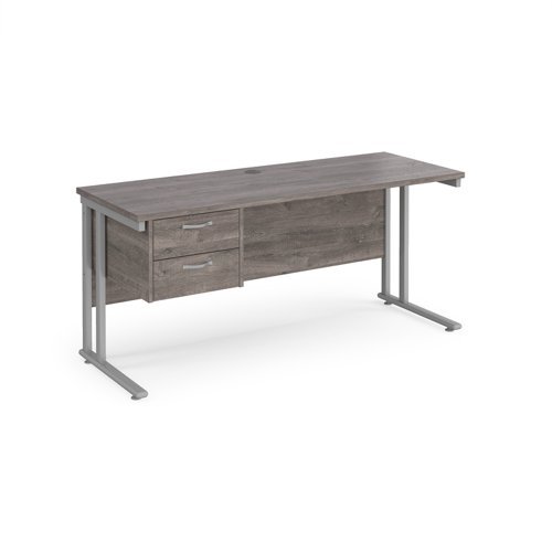 Maestro 25 straight desk 1600mm x 600mm with 2 drawer pedestal silver cantilever leg frame leg grey oak top - MC616P2SGO