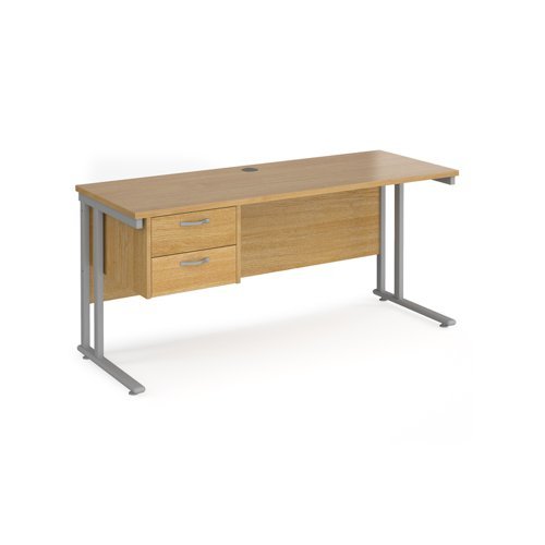 Maestro 25 straight desk 1600mm x 600mm with 2 drawer pedestal silver cantilever leg frame oak top - MC616P2SO