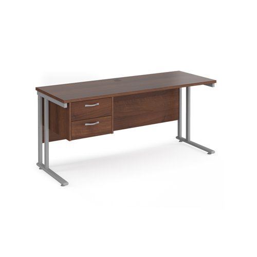 Maestro 25 straight desk 1600mm x 600mm with 2 drawer pedestal silver cantilever leg frame walnut top - MC616P2SW