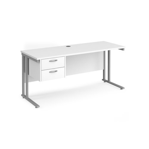 Maestro 25 straight desk 1600mm x 600mm with 2 drawer pedestal silver cantilever leg frame white top - MC616P2SWH