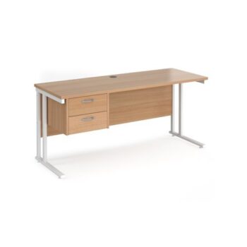 Maestro 25 straight desk 1600mm x 600mm with 2 drawer pedestal white cantilever leg frame beech top - MC616P2WHB