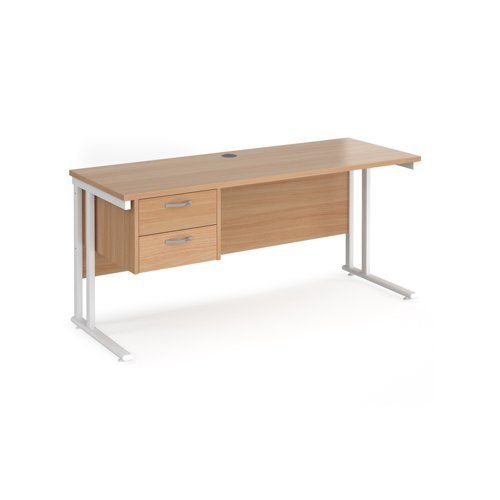 Maestro 25 straight desk 1600mm x 600mm with 2 drawer pedestal white cantilever leg frame beech top - MC616P2WHB