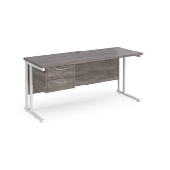Maestro 25 straight desk 1600mm x 600mm with 2 drawer pedestal white cantilever leg frame leg grey oak top - MC616P2WHGO