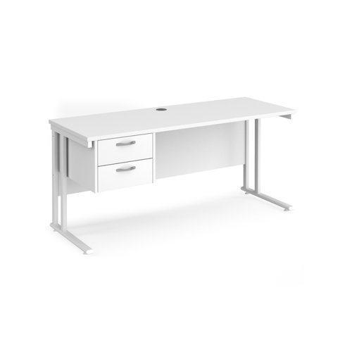 Maestro 25 straight desk 1600mm x 600mm with 2 drawer pedestal white cantilever leg frame white top - MC616P2WHWH