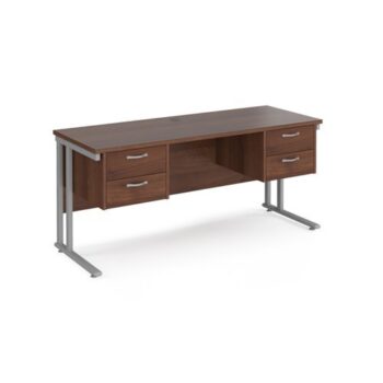 Maestro 25 straight desk 1600mm x 600mm with two x 2 drawer pedestals silver cantilever leg frame walnut top - MC616P22SW