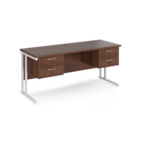 Maestro 25 straight desk 1600mm x 600mm with two x 2 drawer pedestals white cantilever leg frame walnut top - MC616P22WHW