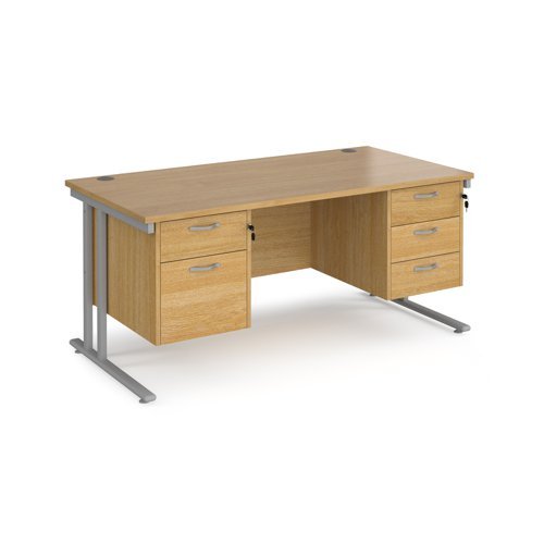 Maestro 25 straight desk 1600mm x 800mm with 2 and 3 drawer pedestals silver cantilever leg frame oak top - MC16P23SO