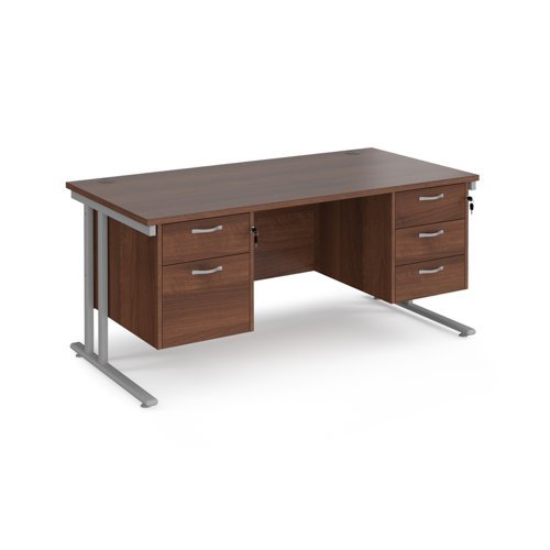 Maestro 25 straight desk 1600mm x 800mm with 2 and 3 drawer pedestals silver cantilever leg frame walnut top - MC16P23SW