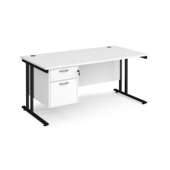 Maestro 25 straight desk 1600mm x 800mm with 2 drawer pedestal black cantilever leg frame white top - MC16P2KWH