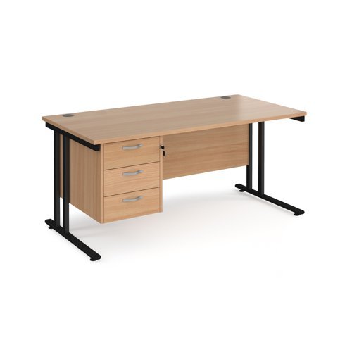 Maestro 25 straight desk 1600mm x 800mm with 3 drawer pedestal black cantilever leg frame beech top - MC16P3KB