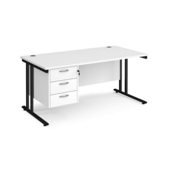 Maestro 25 straight desk 1600mm x 800mm with 3 drawer pedestal black cantilever leg frame white top - MC16P3KWH