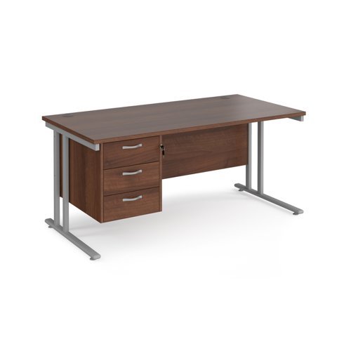 Maestro 25 straight desk 1600mm x 800mm with 3 drawer pedestal silver cantilever leg frame walnut top - MC16P3SW