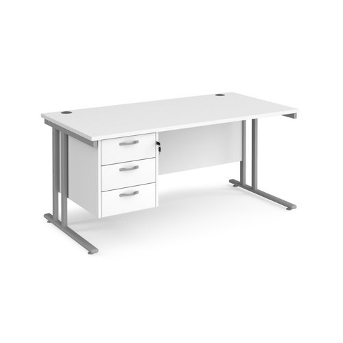 Maestro 25 straight desk 1600mm x 800mm with 3 drawer pedestal silver cantilever leg frame white top - MC16P3SWH